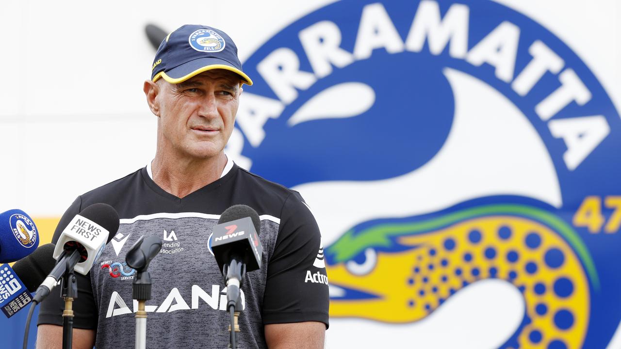 Parramatta Eels head coach Brad Arthur addressing the media at Kellyville Park ahead of the team's round one clash with the Brisbane Broncos. Picture: Jonathan Ng