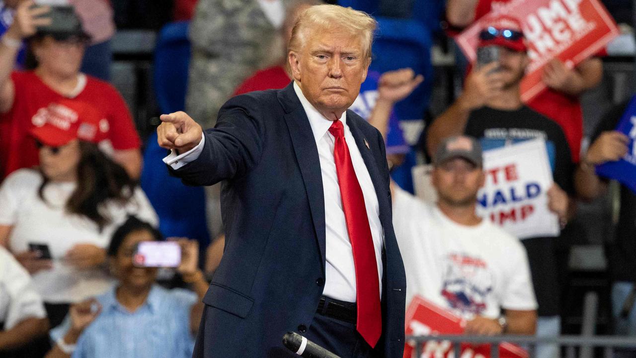 Donald Trump blamed Kamala Harris for the vicious killing of 22-year-old Laken Riley at a campaign rally at the Georgia State University Convocation Center in Atlanta. Picture: Christian Monterrosa / AFP