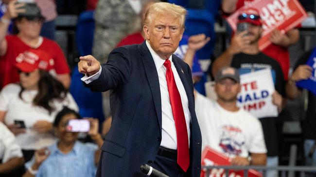 Donald Trump blamed Kamala Harris for the vicious killing of 22-year-old Laken Riley at a campaign rally at the Georgia State University Convocation Center in Atlanta. Picture: Christian Monterrosa / AFP