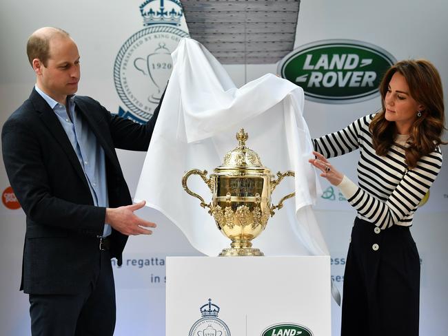 The Duke and Duchess of Cambridge unveil the King's Cup trophy as they launch the King's Cup Regatta, in Greenwich, south East London. Picture: AP