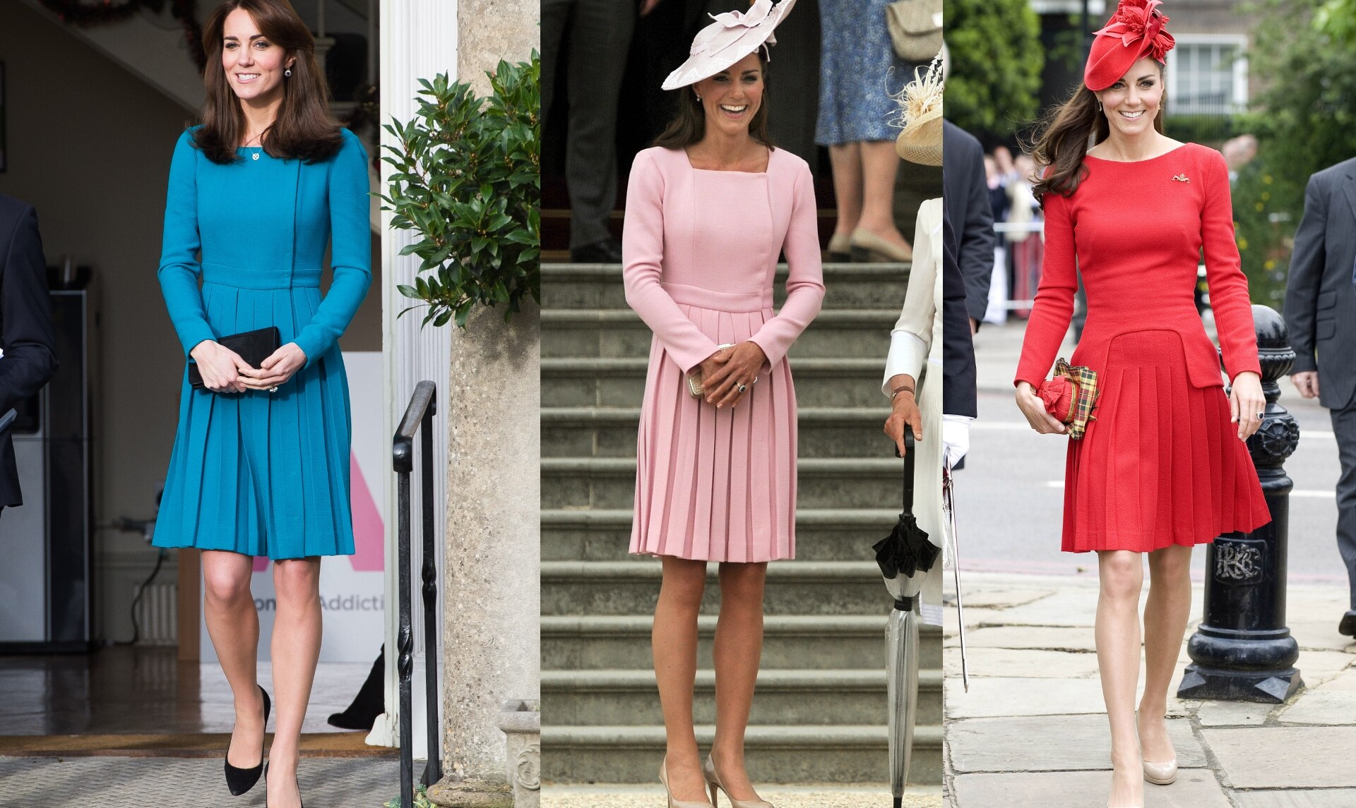 <h3>Emilia Wickstead pleated dress</h3><p>Worn in blue in 2015; in pink in 2012; and in red in 2012.</p>