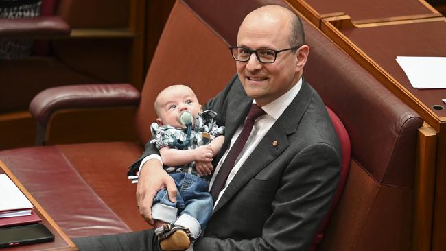 Senator Raff Ciccone brought his baby boy into the senate on Wednesday. Picture: NCA NewsWire / Martin Ollman