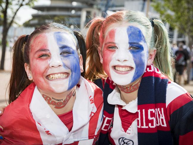 Roosters fans from Maroubra Claudie Lee-Leong, 12, and Zali Summeraure, 12. Picture: Dylan Robinson