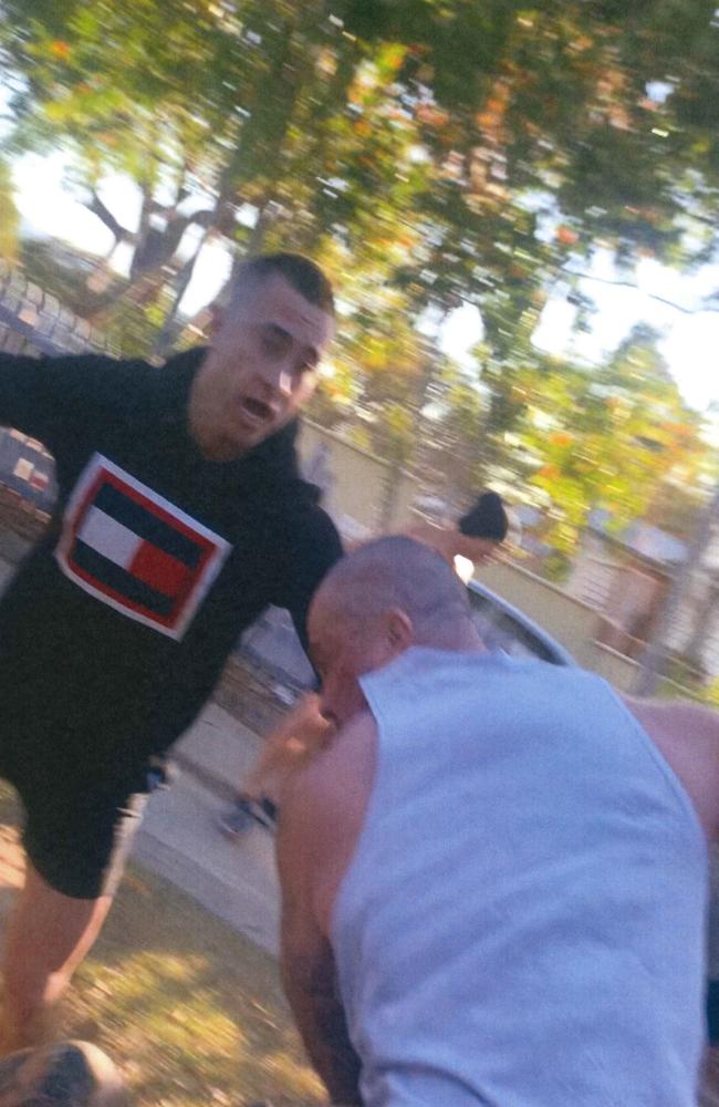 Gympie Magistrates Court was told the image showed Ben Colin Buggy (left) and Israel Colin Buggy (right) during the attack, with the victim Danny Hawkins‘ knee visible in the bottom left of the screen. The court heard he had been stabbed by this point in the events.