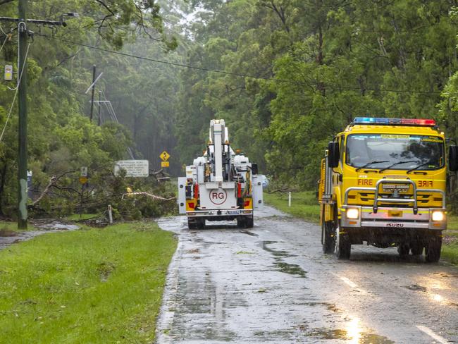 Emergency services react to fallen trees at Landsborough on Saturday. Picture: Richard Walker