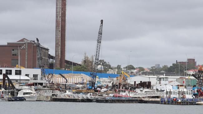 A male was crushed to death about 10.30am today on a wharf in Rozelle Bay. Picture: John Grainger