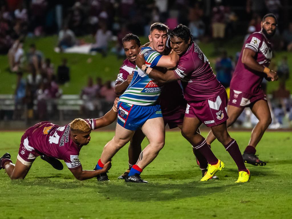 Tamati Huirama is tackled by the Yarrabah Seahawks defence during the 2021 Cairns District Rugby League Premiership. Picture: Emily Barker