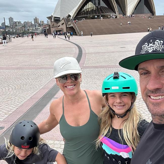 Pink with her husband Carey Hart and her two children Willow, 12, and Jameson, 7 in Sydney. Photo: Instagram.