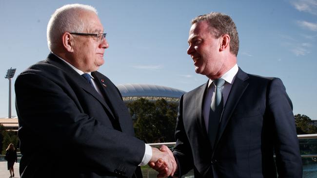 General Laurent Collet-Billon, head of the French defence procurement office, with Defence Industry Minister Christopher Pyne.