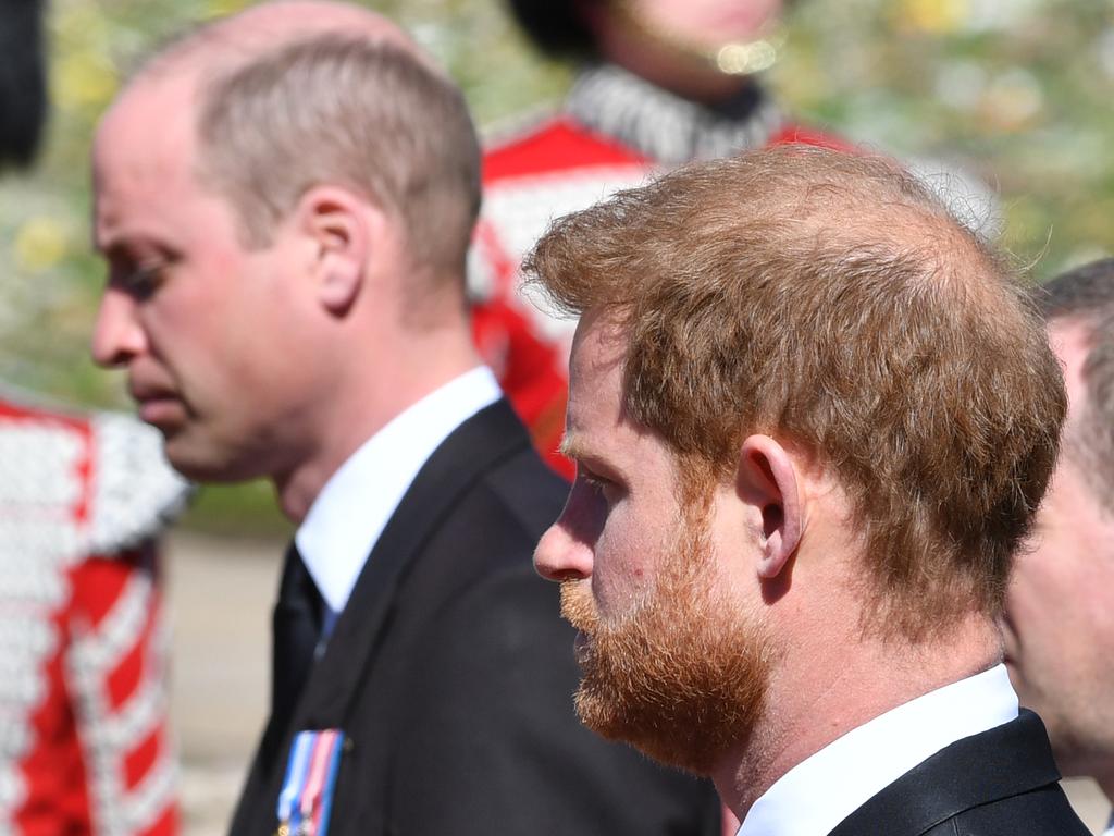 Prince William, Duke of Cambridge; Prince Harry, Duke of Sussex and Peter Phillips walk behind Prince Philip, Duke of Edinburgh's coffin ion April.