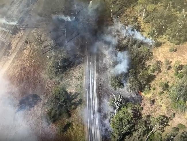 Aerial vision of the aftermath of the Bruce Highway crash. Picture: QPS