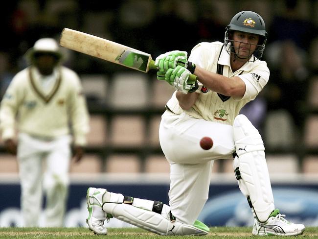 Adam Gilchrist of Australia plays a sweep shot against Sri Lanka at Bellrevie Oval in 2007.