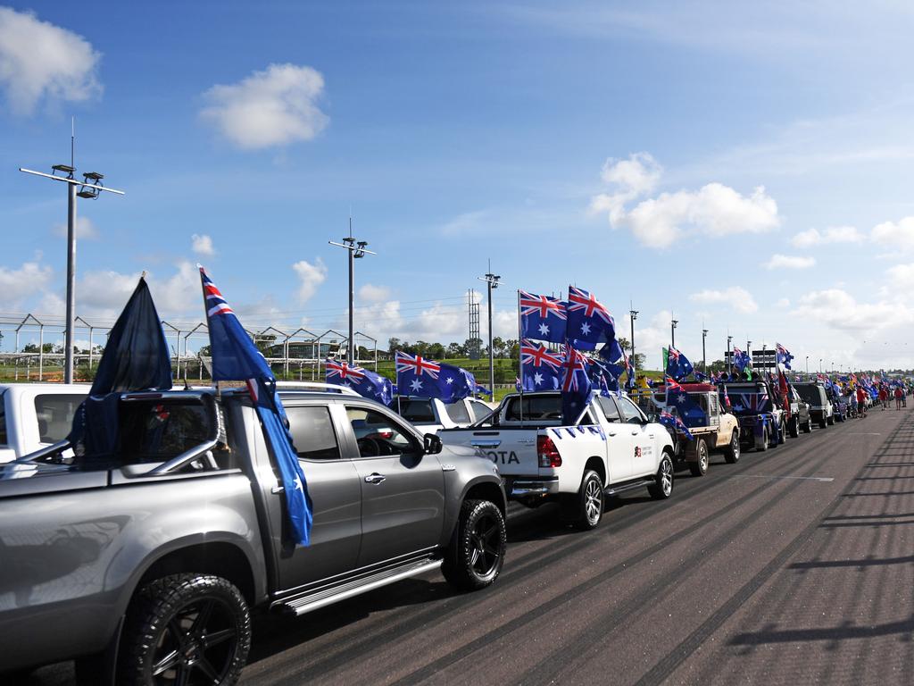 Dozens of utes lined up at Hidden Valley for the annual Variety NT Australia Day Ute run. Picture: Che Chorley