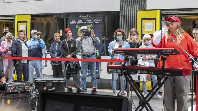 Tones and I performs at the Bourke St Mall in Melbourne during a pop-up busking show. Picture: Tim Carrafa