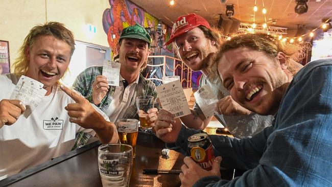 Celebrating the Melbourne Cup at Mary G's in Lismore are: Ben Michaelson, Steve Cumerford, Jackson Schepers and Jack Berry. Picture: Cath Piltz