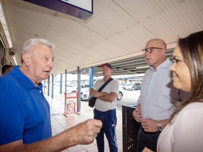 Peter Dutton and Senator Jacinta Price with Chris Nourse (l) and Tony Daw. Picture: Liam Mendes.