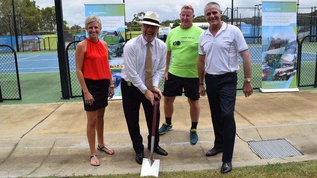 Caloundra Tennis Club president Michelle Wood, Mayor Mark Jamieson, Sunshine Coast Regional Tennis Centre manager Matt Deverson and Deputy Mayor Tim Dwyer at the announcement of the awarding of the $3,484,000 tender for stage two work at the start of 2019.