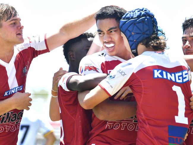 Redcliffe player Brian Pounia celebrates a try with his team mates.Connell Challenge under 16 rugby league match between Redcliffe and Souths Logan. Saturday February 18, 2022. Picture, John Gass