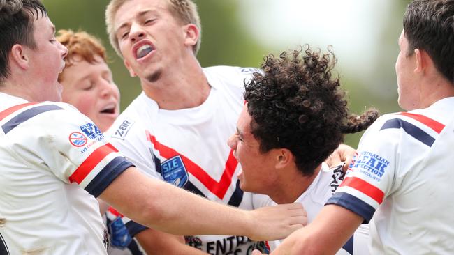 The Roosters celebrating Fotu-Moala’s last-gasp matchwinner. Picture: Sue Graham