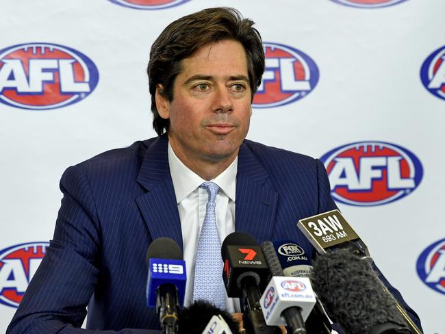 Gillon McLachlan announces the resignations of high-ranking executives Simon Lethlean and Richard Simkiss. Picture: AAP Image/Joe Castro