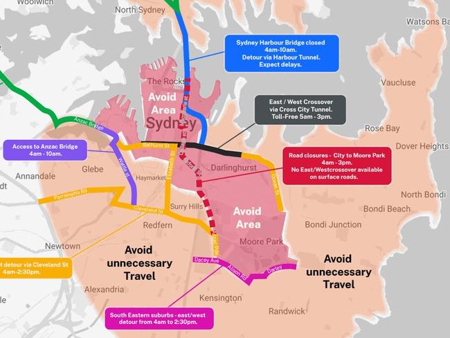 The areas to avoid driving in on Sunday. Picture: Transport NSW.