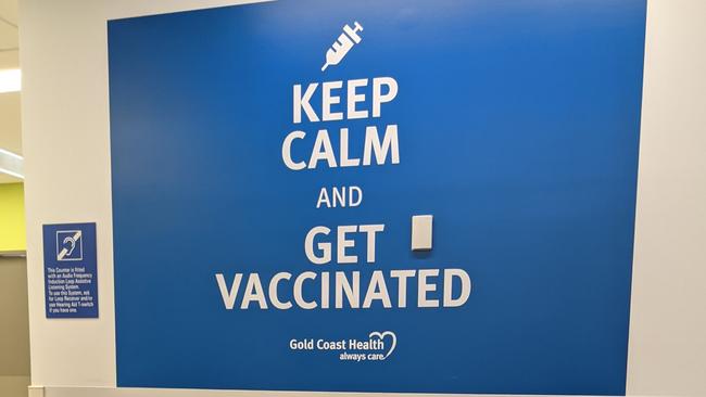 The sign inside the COVID-19 Vaccination Hub at Gold Coast University Hospital.