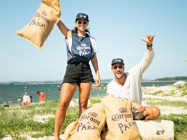 Teigan Nash and Shannon Vos at the beach clean up hosted by Corona and Parley AIR Strategy at Silver Beach, Botany Bay.