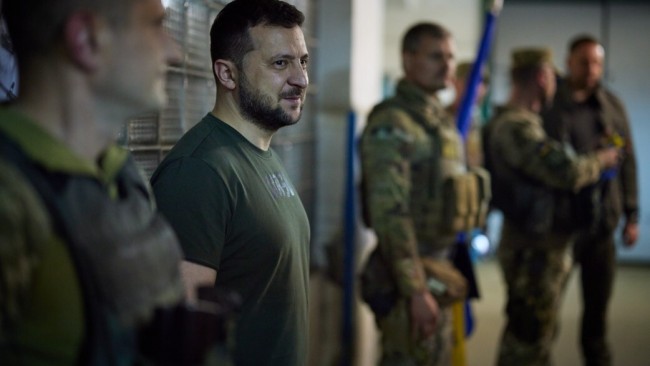 Volodymyr Zelenskyy visits the positions of Ukrainian troops located in the Bakhmut city and Lysychansk districts. Picture: Getty Images