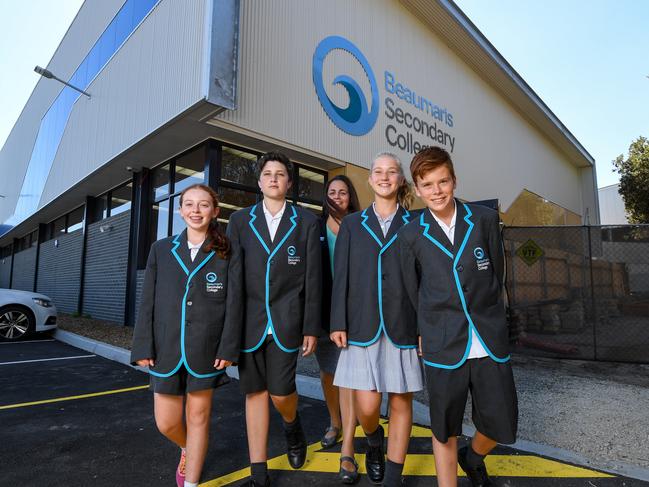 Newly minted Beaumaris Secondary College school leaders Hollie, Jordie, Alice and Finlay (all year 7) with Principal Debby Chaves with their newly built school. PICTURE  PENNY STEPHENS. 7TH MARCH 2018