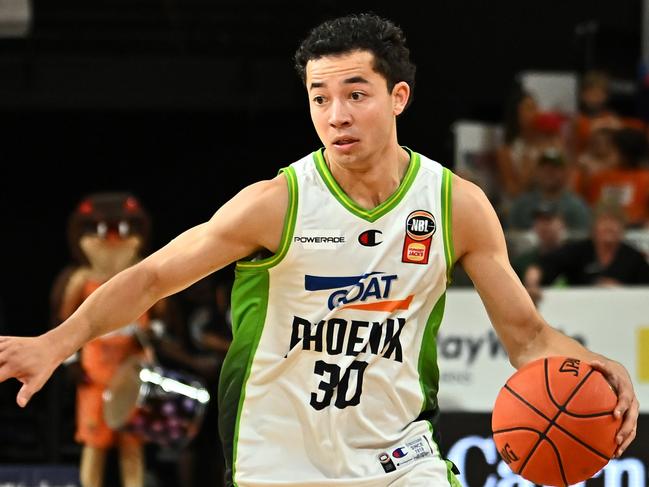 CAIRNS, AUSTRALIA - JANUARY 14:  Owen Foxwell  of the Phoenix drives up court during the round 16 NBL match between Cairns Taipans and South East Melbourne Phoenix at Cairns Convention Centre, on January 14, 2025, in Cairns, Australia. (Photo by Emily Barker/Getty Images)