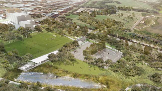 An artist's impression of the public open space near the St Peters interchange contained in the WestConnex New M5 Draft Design Plan now out for public submissions.