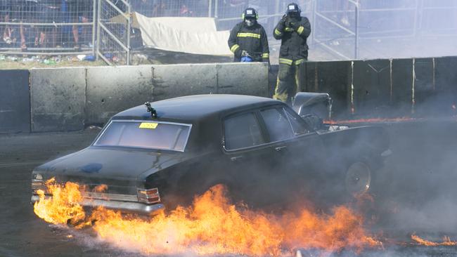 A Car catches Fire doing a burnout at  Summernats 31 2018 Photo: Keegan Carroll