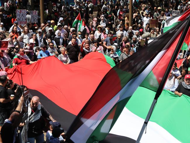 Thousands of protesters have converged on Sydney Town Hall for a Pro-Palestinian rally. Picture: David Swift