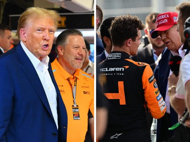 Donald Trump chats to McLaren's Zak Brown and Donald Trump.