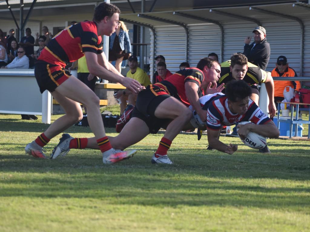 Bevan Rickard scores a try during the St Patrick's College and Rockhampton Grammar clash, August 18, 2021. Picture: Matthew Forrest
