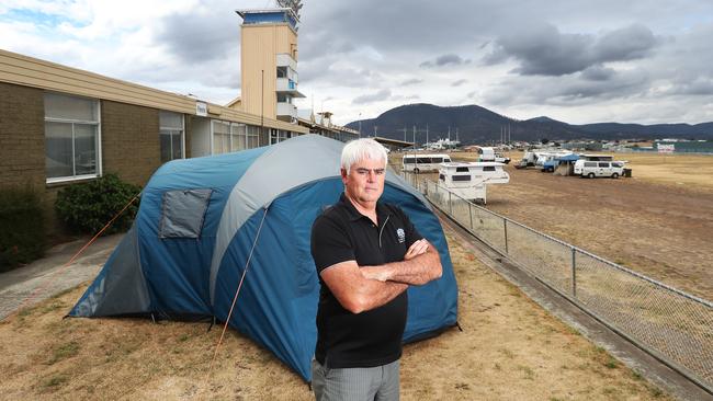 Scott Gadd Royal Agricultural Society Tasmania CEO with a tent used by one of the homeless. People are being forced to live at the camp grounds at the Hobart show grounds due to high rental demand in Hobart. Picture: NIKKI DAVIS-JONES