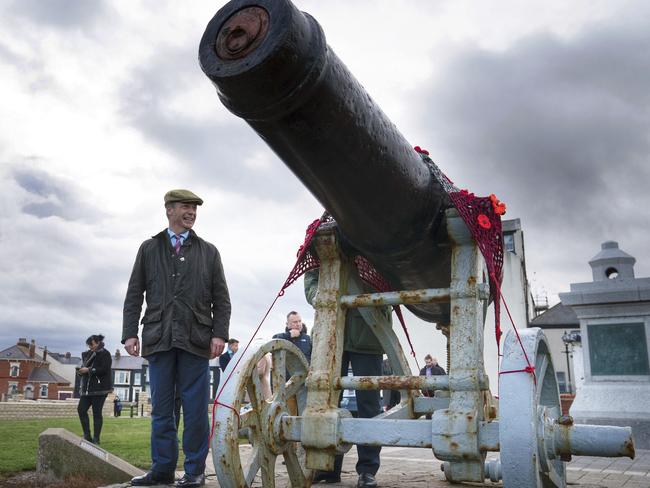 Britain's Brexit Party leader Nigel Farage visits the Heugh Battery Museum, at the Headland, in Hartlepool, England. Picture: AP