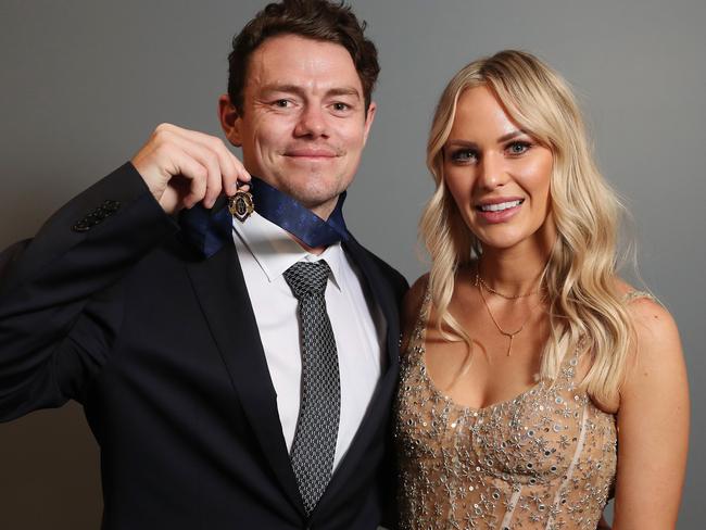 Brownlow Medal in Brisbane.   18/10/2020. 2020 Brownlow medallist Lachie Neale of the Brisbane Lions with wife Julie  . Pic: Michael Klein