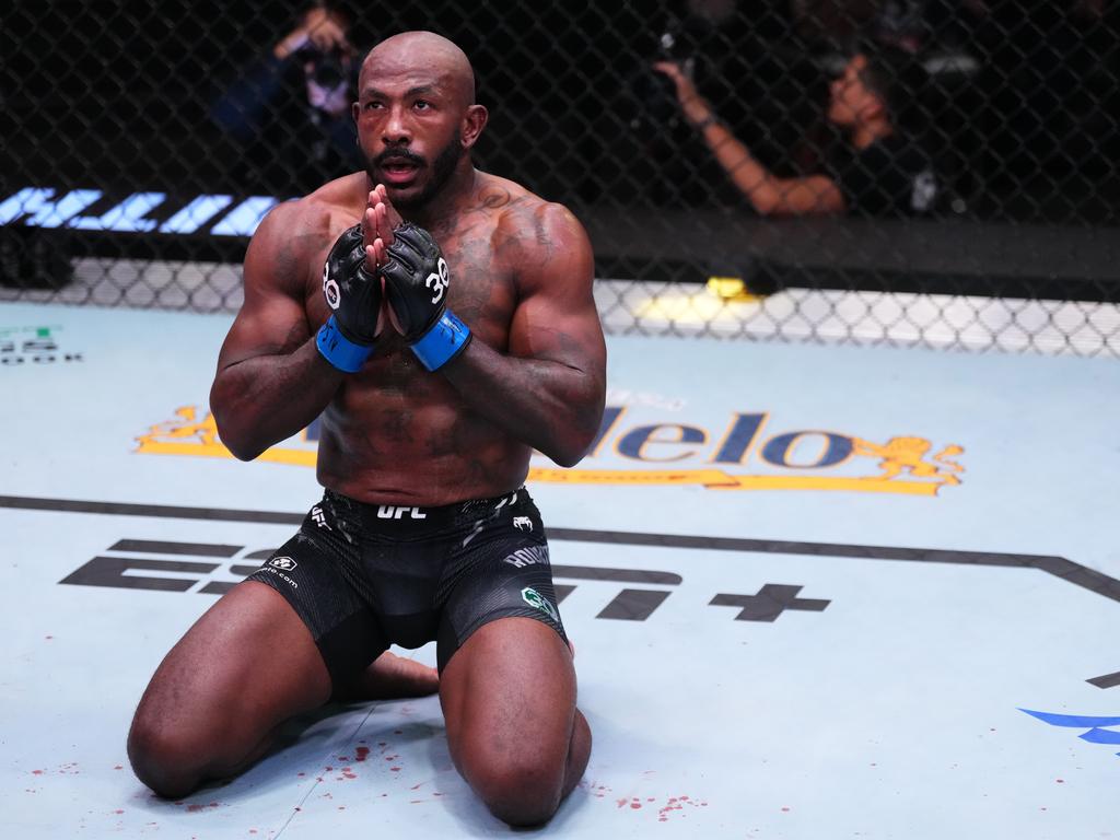 LAS VEGAS, NEVADA - DECEMBER 09: Khalil Rountree Jr. reacts after his knockout against Anthony Smith in a light heavyweight fight during the UFC Fight Night event at UFC APEX on December 09, 2023 in Las Vegas, Nevada. (Photo by Jeff Bottari/Zuffa LLC via Getty Images)