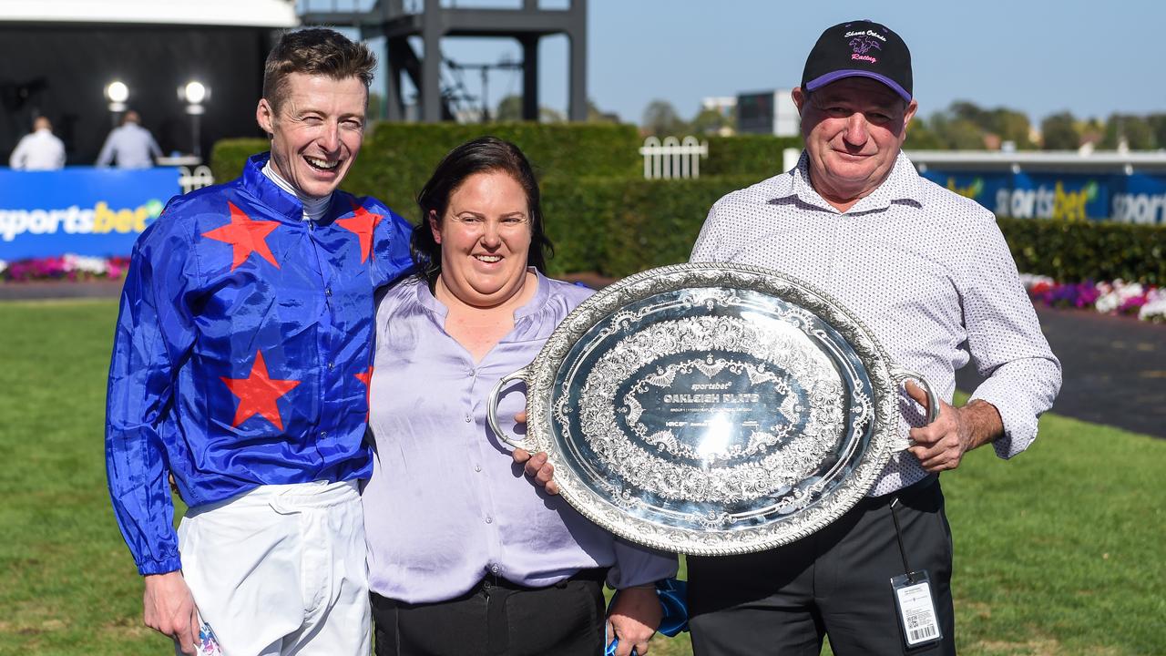 Harry Coffey, Cassie and Shane Oxlade celebrate the Oakleigh Plate win. Picture: Reg Ryan-Racing Photos