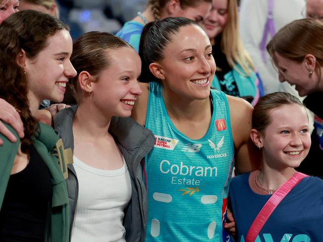 Molly Jovic of the Mavericks meets fans at John Cain Arena. Picture: Kelly Defina/Getty Images