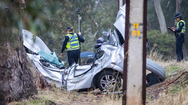 Police on scene at a serious crash on Montacute Rd, Athelstone. Picture: Tom Huntley