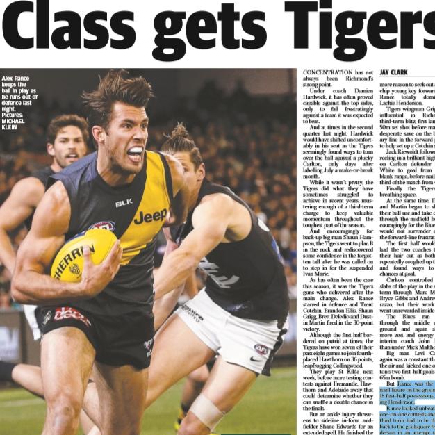 The Herald Sun’s report on Richmond’s Round 15, 2015 win over Carlton.