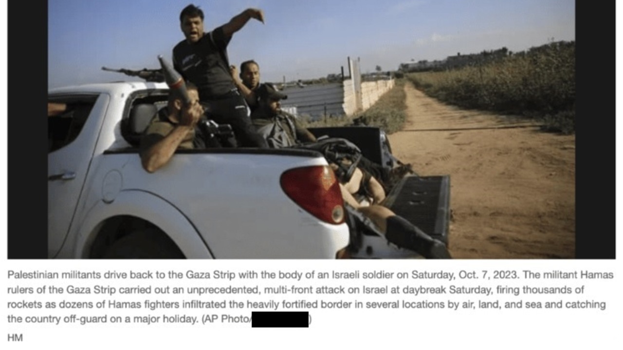 An Associated Press photo showing kidnapped German-Israeli Shani Louk on the back of a truck. Picture: Supplied