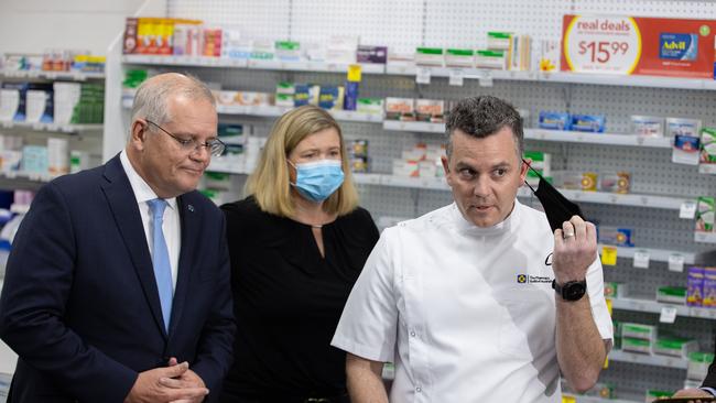 Former Prime Minister Scott Morrison at the Terry White Chemmart Pharmacy in Mowbray with local Federal Member for Bass Ms Bridget Archer MP and Pharmacy Guild of Australia National President Trent Twomey to announce a re-elected Morrison Government would cut the price of medications PBS last year. Picture: Jason Edwards