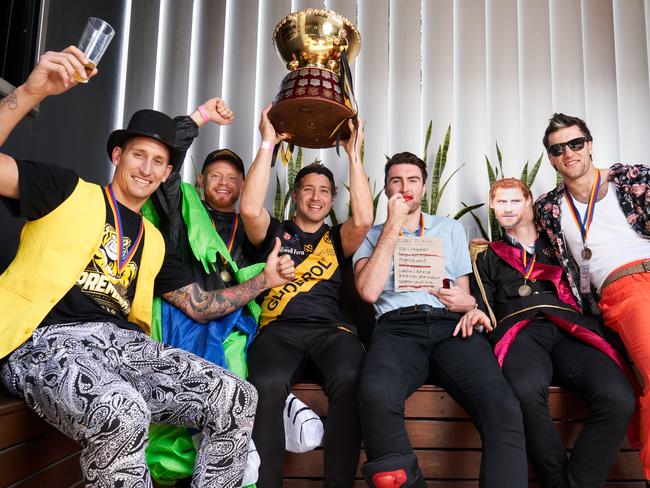 Jesse White, Darcy Bailey, Matthew Snook, Liam McBean, Bradley Agnew and Max Proud pose for a picture at The Shed in Mitchell Park, after their SANFL grand final win yesterday, Monday, Sept. 23, 2019. Picture: MATT LOXTON