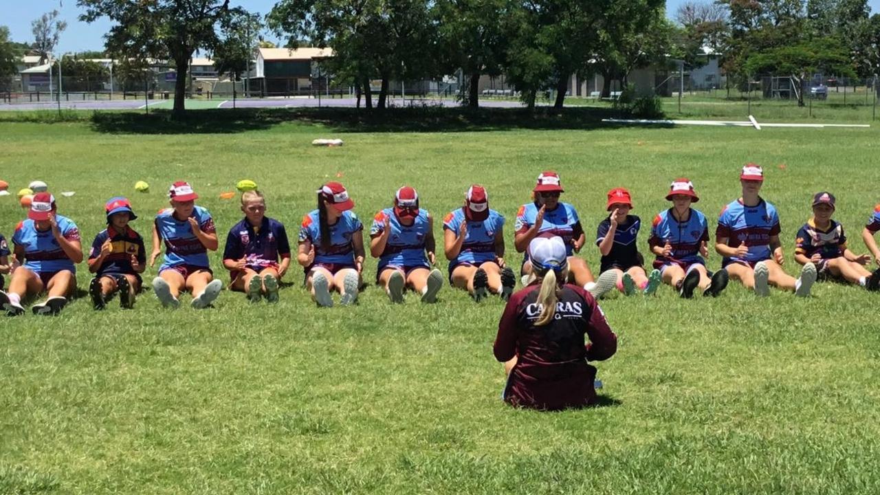 The CQ Capras under-19 players turned coaches, running some of the drills at clinics at Blackwater and Emerald.