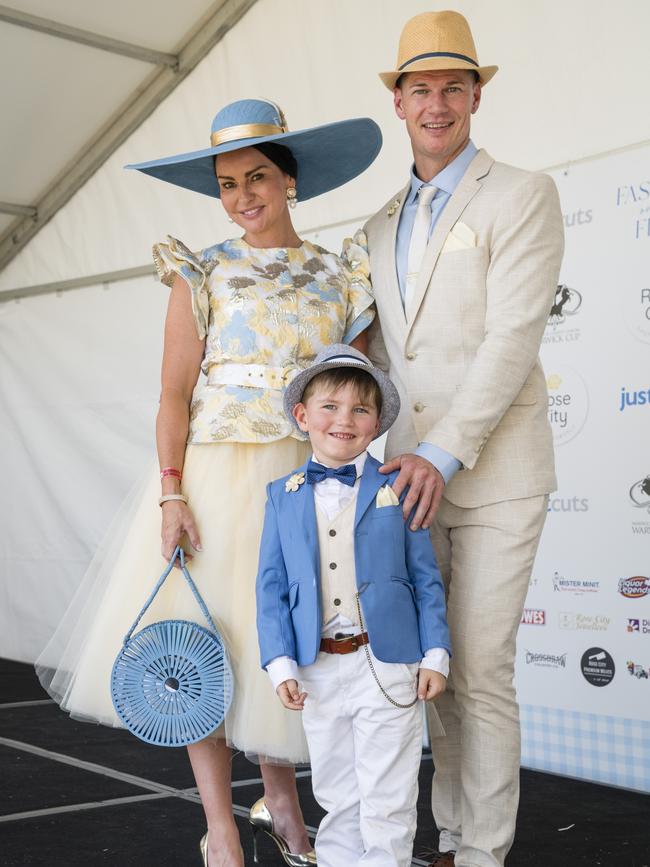 Fashions on the field winner Renee Zorko with husband Beau Zorko and son Zavier Zorko at Warwick Cup race day at Allman Park Racecourse, Saturday, October 14, 2023. Picture: Kevin Farmer