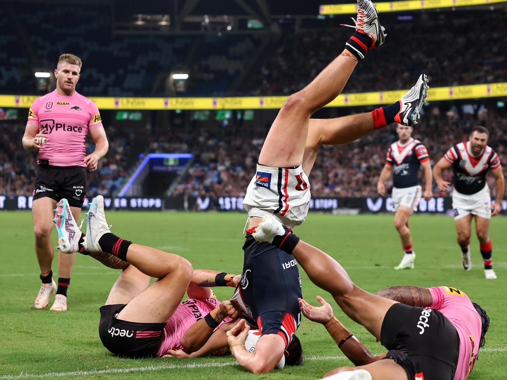 Joseph Manu was controversially denied a try by the bunker. Picture: Getty Images