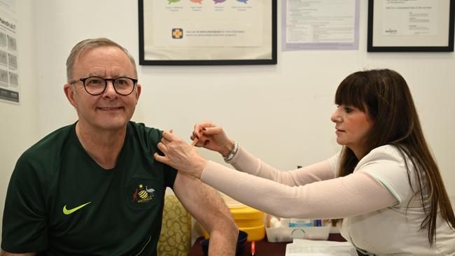 Australian Prime Minister Anthony Albanese receives his fourth dose of the COVID-19 vaccine at Adore Compounding Pharmacy in Rozelle. Picture: Dean Lewins/Getty Images